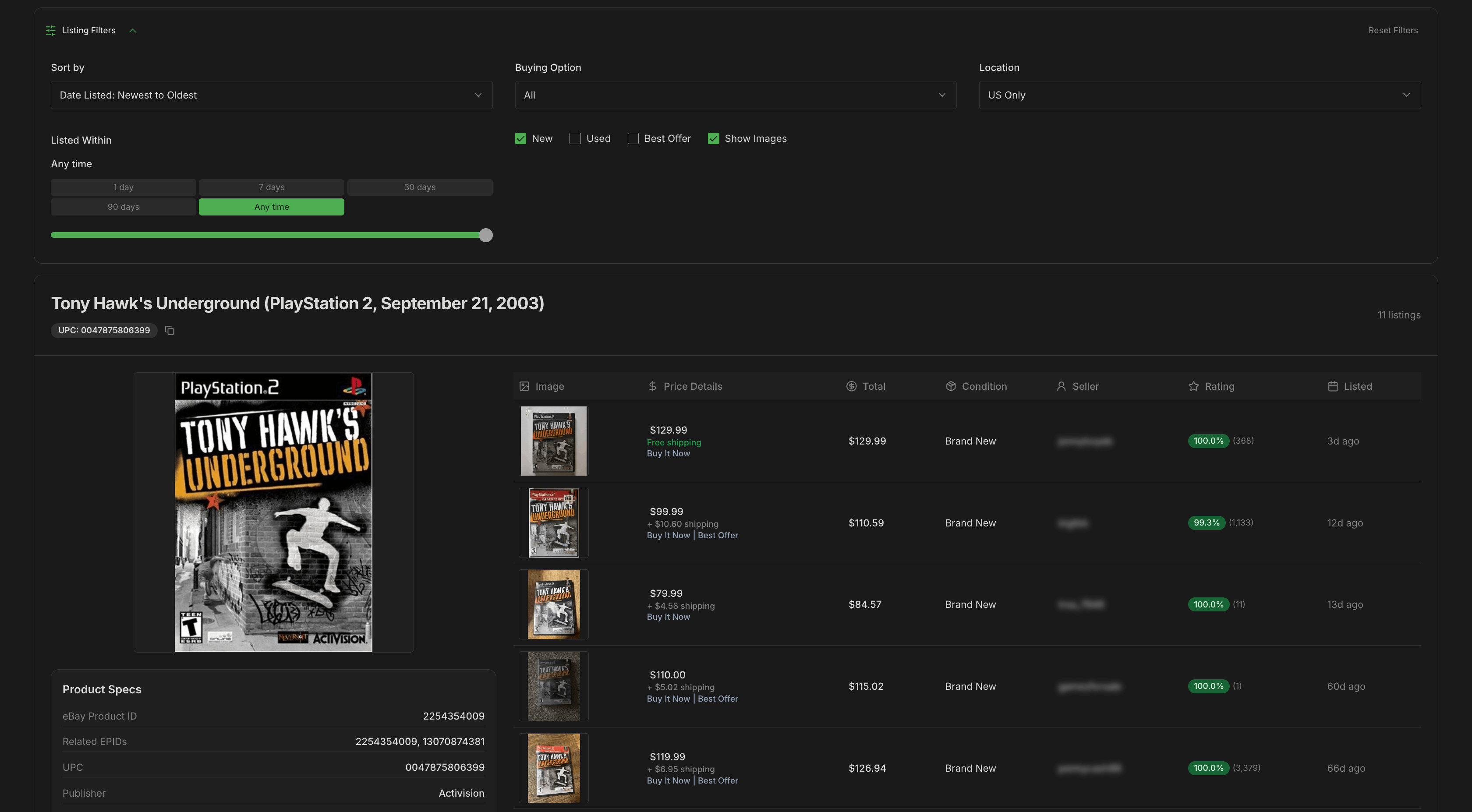 BuyMap complete product view showing organized listings with filters and price comparison