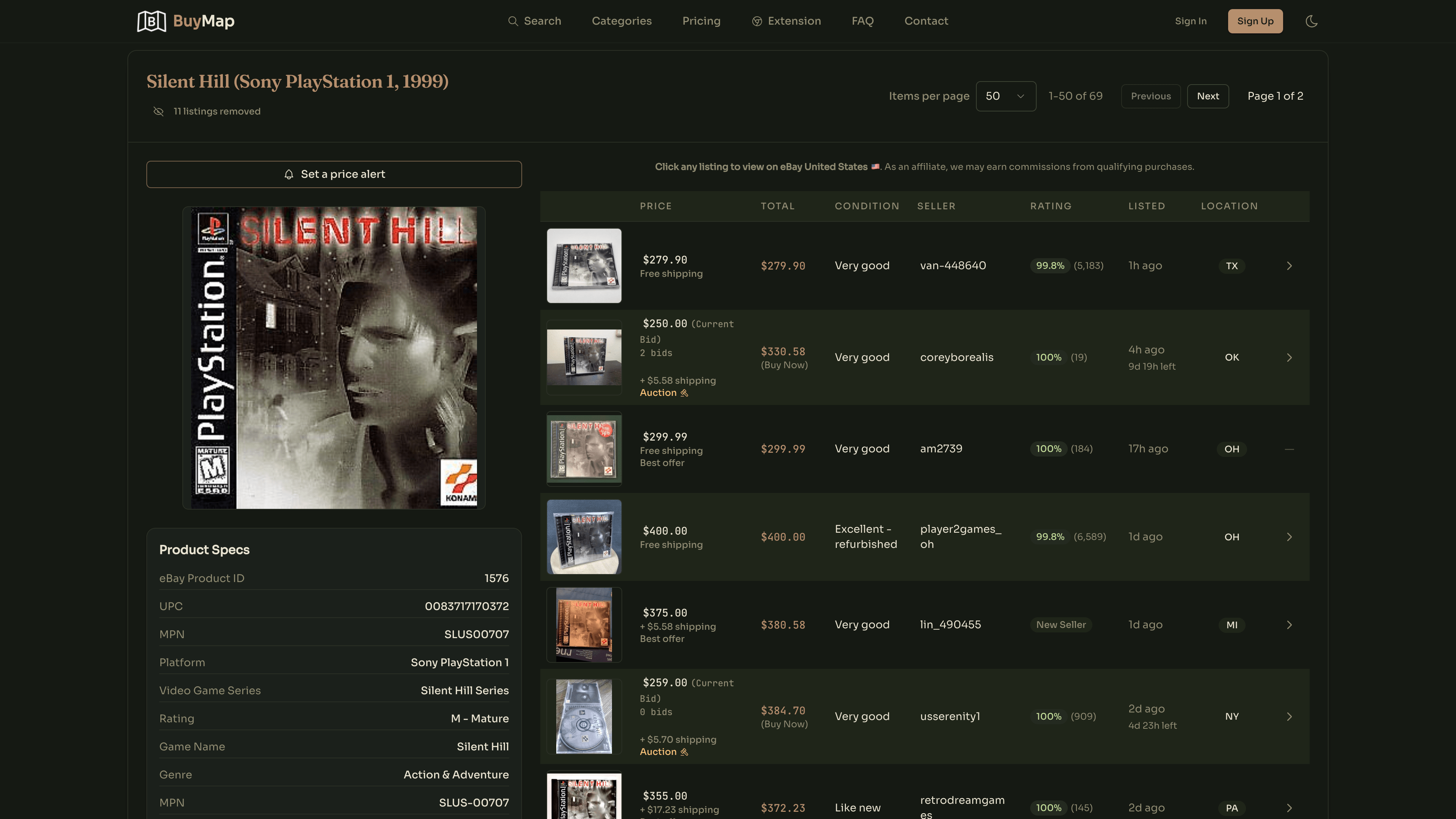 BuyMap complete product view showing organized listings with filters and price comparison