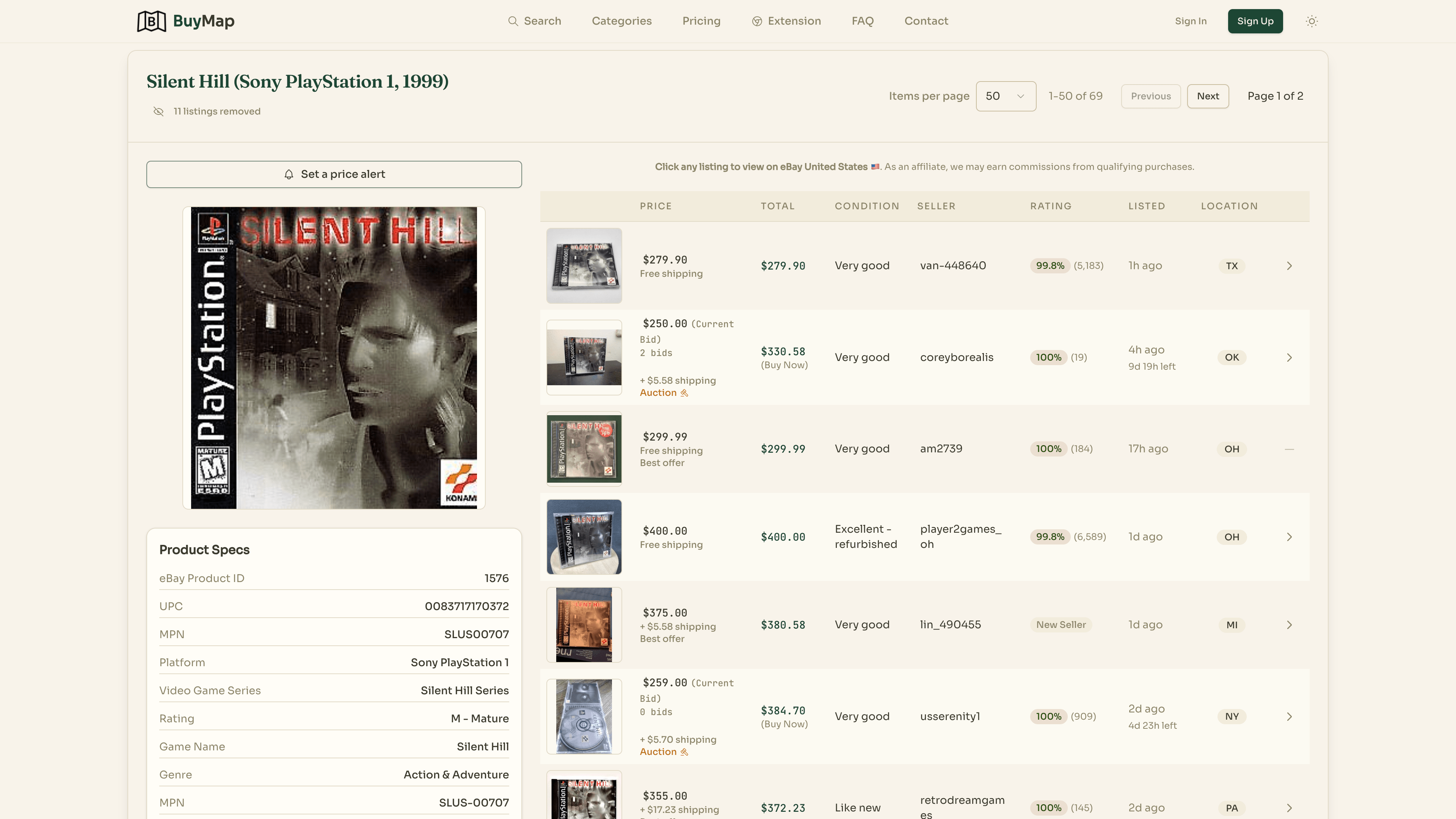 BuyMap complete product view showing organized listings with filters and price comparison