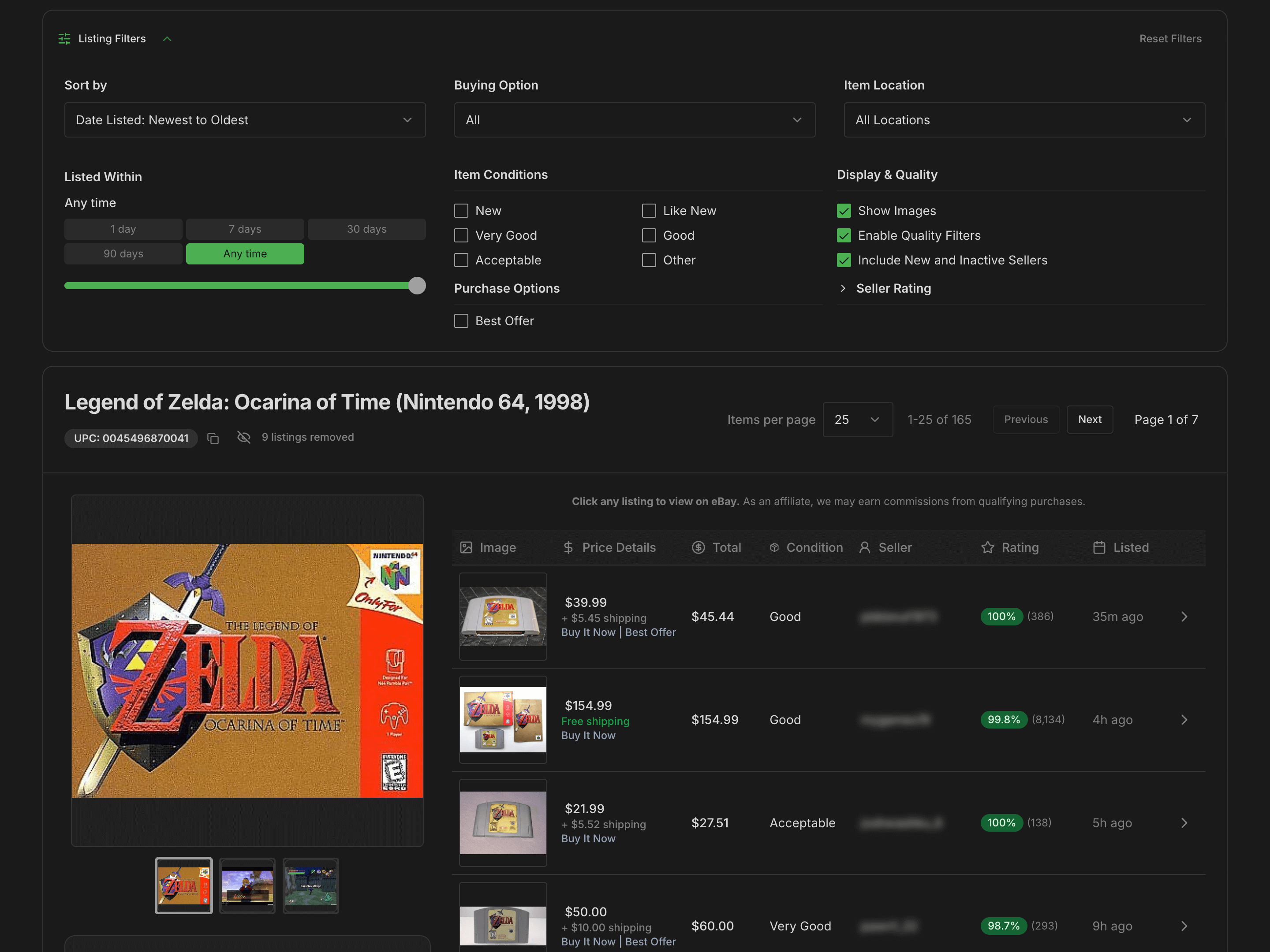 BuyMap complete product view showing organized listings with filters and price comparison